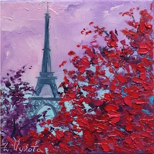 Paris Painting Eiffel Tower Original Art Cityscape Oil Painting Canvas Paris Impasto Eiffel TowerTravel Gifts Artwork 6&quot;by6&quot; by ZinaPainting