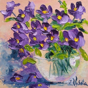 Pansy Painting Floral Original Art Small Oil Painting  Flower Still Life Impasto Artwork by ZinaPainting