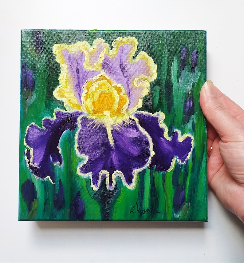 Purple Iris Oil Painting Impressionist Floral Original Art 8"x8" Canvas ...