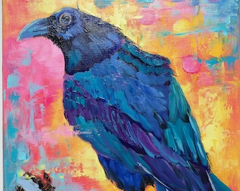 Crow Painting Raven Original Art Bird Oil Painting Canvas Wildlife Crow Bird Wall Art Raven Gifts Impasto Artwork 12&quot; by 9&quot;by ZinaPaintin