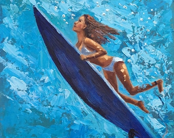 Surfing Painting Ocean Seascape Impasto Original Woman Art 8"x8"Cardboard