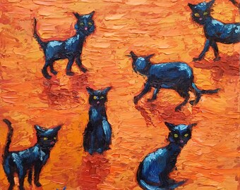 Cats Painting Pet Original Art Black Cat Oil Painting Kitten Wall Art Cat Impressionism Gift Animals Artwork 8&quot; by 8&quot; by ZinaPainting