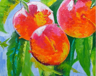 Impasto oljemålning av persikaträd Original fruktstilleben köksväggkonst (20x20 cm)