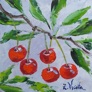 Cherry Painting Fruit Original Art Small Oil Painting Cherries Impasto Artwork Red Food Impressionism Kitchen Wall Art Gifts by ZinaPainting