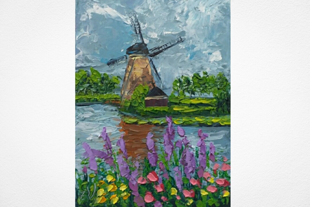 River Oil Painting Dutch Windmill Artwork Tulips Impasto Landscape Art ...