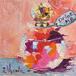 Pintura de garrafa Drink Me Arte original Alice no país das maravilhas Jarro Pintura a óleo Pequeno Impasto Impressionismo Presente Arte 6" por 6" por ZinaPainting