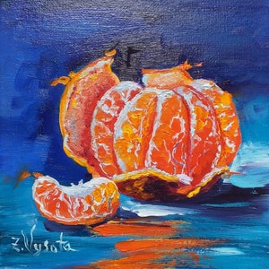 Citrus Painting Fruit Original Art Small Oil Painting Canvas Fruit Still Life Food Orange Gifts Artwork Kitchen Art 6&quot;by 6&quot;by ZinaPainting