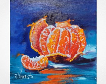 Citrus Oil Painting Tangerine Still Life Original Kitchen Art 6"x6" Canvas