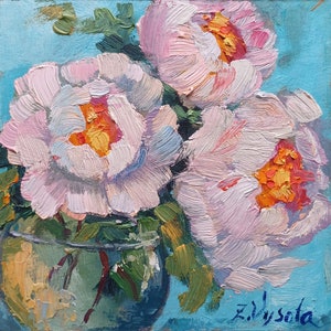 White Peony Painting Floral Original Art Peony Wall Art Peonies Oil Impasto Flowers Bouquet Artwork Kitchen Impressionism  by ZinaPainting