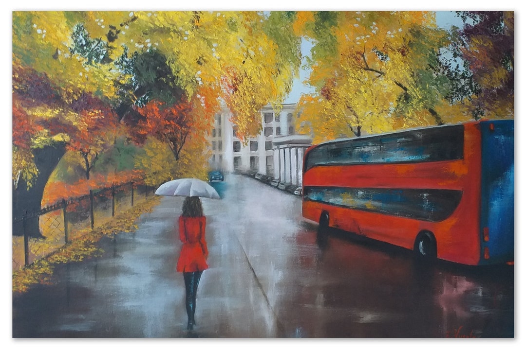 London Red Bus Painting Woman Original Art Fall Tree Oil Etsy