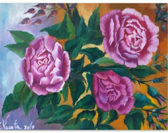 Roses Painting Pink Flower Original Art Roses Artwork Floral Oil Painting Canvas 10" by 13"by Zina Painting