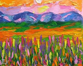 Gran Teton Painting Lupine Original Art Mountain Landscape Small Oil Canvas Impasto Impressionism Artwork Travel Gift 6&quot;by 6&quot;by ZinaPainting