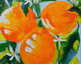 Orange Oil Painting Citrus Fruit Impasto Art Kitchen Artwork 8"x8" Canvas
