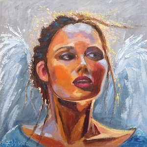 Angel Painting Woman Original Art Portait Oil Painting Bright Angel Colorful Artwork Impressionism Gifts Wall Art 10&quot; by 10&quot; by ZinaPainting