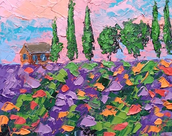 Peinture originale de paysage de Toscane, peinture à l'huile de lavande, fleurs sauvages, oeuvre d'empâtement de 15 x 15 cm (6 po. par 6 po.) par ZinaPainting