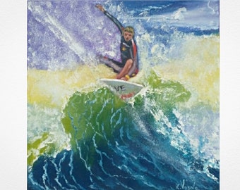 Surf Painting Waves Original Art Ocean Oil Painting Canvas Surfer Impasto Artwork  12" by 12" by ZinaPainting