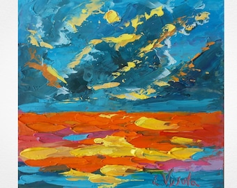 Sunset Seascape Painting Laguna Beach Original Art Ocean Oil Painting Small Impasto Artwork 6" by 6" by ZinaPainting