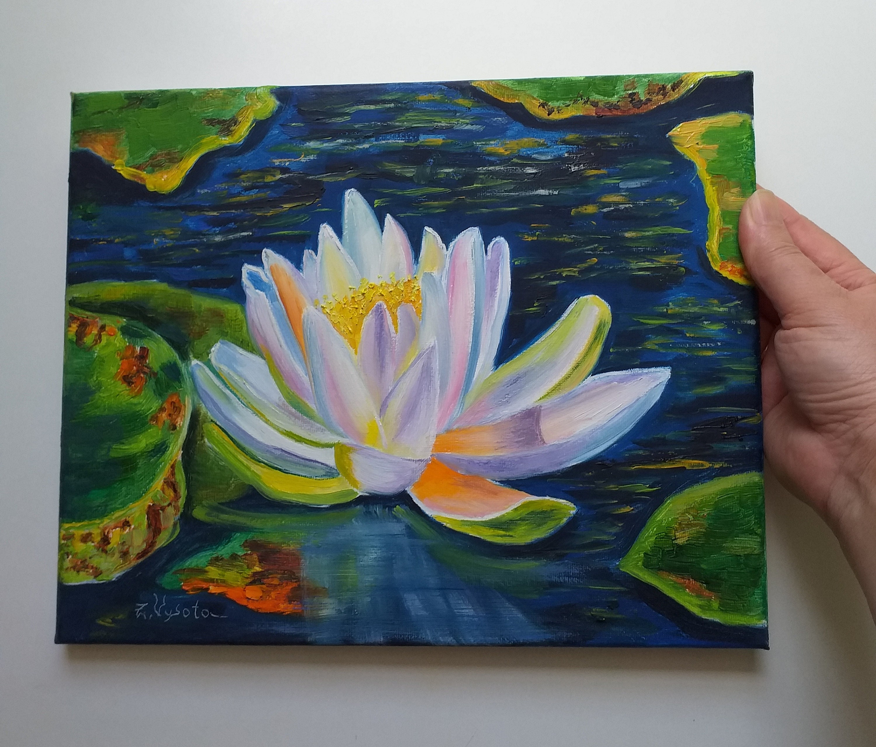 Lotus Flower Oil Painting White Water Lily Floral Orignal Art 9"x12 ...