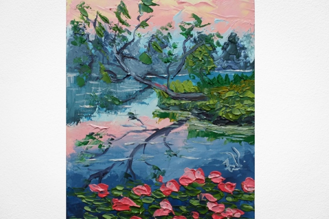 Lotus Painting Vermont Original Art Pond Wall Art Small Landscape Oil ...
