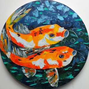 Obraz Koi Fish Goldfish Oryginalna sztuka Dzikie zwierzęta Olejny obraz na płótnie Koi Fish Wall Art Okrągły Impasto Podróż Prezent Dzieło sztuki 10&quot; autorstwa ZinaPainting