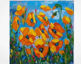 California Poppies Painting Yellow Floral Original Art Impasto Acrylic Still Life Canvas Poppy Impressionism Artwork 8&quot;by 8&quot; by ZinaPainting