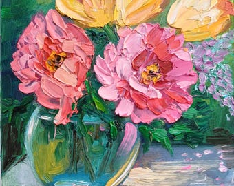 Roses Painting Tulips Original Art Flower Bouquet Oil Impressionism Floral Still Life Yellow Tulips Impasto Artwork 6&quot; by 6&quot;by ZinaPainting