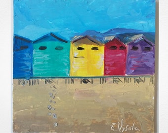 Beach Huts Painting Hut Original Art Ocean Oil Painting Small Impasto Seascape Artwork 6" by 6" by ZinaPainting