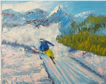 Mountain Skier Painting Winter Snow Original Art Ski Landscape Acrylic Painting Canvas Sport Impasto Artwork 8" by 10" by ZinaPainting