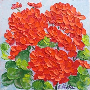 Geranium Painting Flower Original Art Small Impasto Oil Painting Floral Artwork Red Geranium Wall Art Kitchen Gifts Art 6&quot;x6&quot;by ZinaPainting