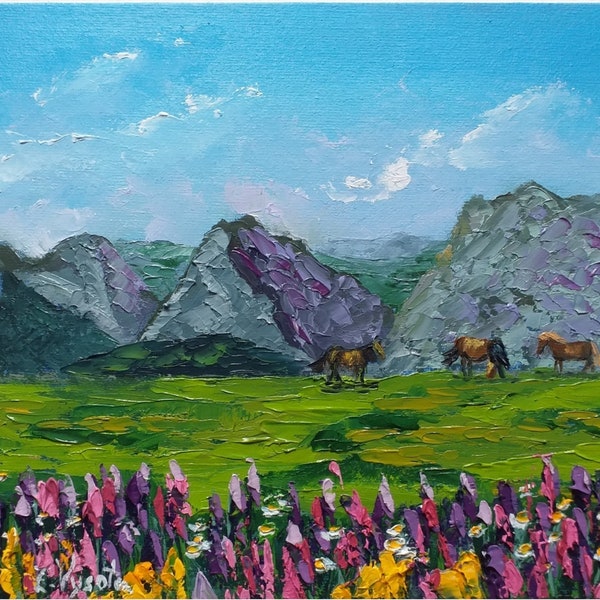 Montagne peinture cheval art original Pyrénées paysage empâtement peinture à l'huile toile fleurs sauvages oeuvre 10 x 20 cm par ZinaPainting