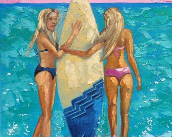Surf Girl Painting Surfing Original Art Ocean Oil Painting Surfer Seascape Impressionism Impasto Travel Gift Artwork 8&quot;by 10&quot;by ZinaPainting