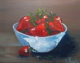 Strawberry Painting Fruit Original Art Food Oil Painting Canvas Impasto Artwork 10" by 7"by ZinaPainting