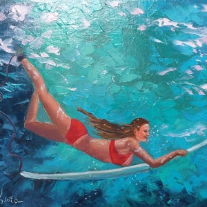 Art sous-marin, art original, peinture à l'eau, fille dans l'eau, art sur  toile, eau bleue, robe rose, art de plage, peinture de mer, art de nageur -   Canada