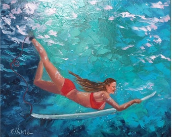 Surf Painting Underwater Woman Surfer Artwork Ocean Oil on Canvas (12"x9")