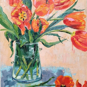 Rote Tulpe Malerei Blumen Original Kunst Blumen Ölgemälde Leinwand Brett Tulpen Impasto Kunstwerk Blumen Stillleben 9 &quot;von 12&quot; by ZinaPainting