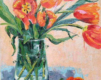 Red Tulip Painting Floral Original Art Flowers Oil Painting Canvas Board Tulips Impasto Artwork Floral Still Life 9&quot; by 12&quot; by ZinaPainting