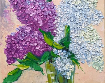 Lilac Bouquet Oil Painting Colorful Floral Impasto Kitchen Original Art 10"x8" Canvas