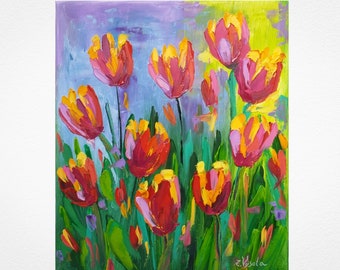 Pink Tulip Painting Floral Original Art Flower Oil Painting Canvas Tulips Impasto Artwork 12" by 9" by ZinaPainting