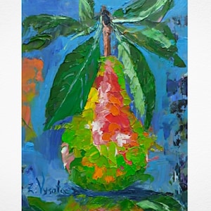 Birne Malerei Obst Original Art kleines Ölgemälde Essen Impasto Öl Kunstwerk Birne Frucht Wand Kunst Geschenk Essen Stillleben 17,5 cm by ZinaPainting