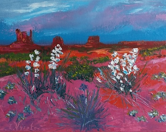 Sedona Arizona Painting Cactus Flower Desert Landscape Artwork Impasto Original Art 7"x9"Canvas