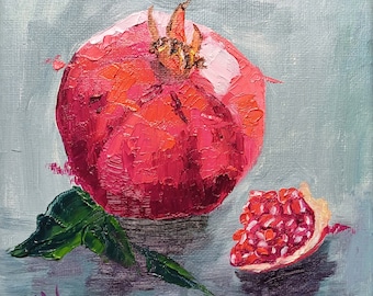 Pomegranate Painting Fruit Original Art Food Oil Painting Canvas Pomegranate Wall Art Fruit Still Life Food Artwork 6" by 6"by ZinaPainting