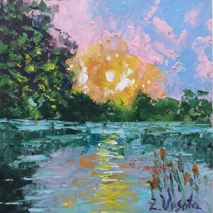 Irish Painting Ireland Original Art Landscape Small Painting Impasto Above Bed Sunset River Artwork Travel Gifts Art 6&quot;by 6&quot; by ZinaPainting