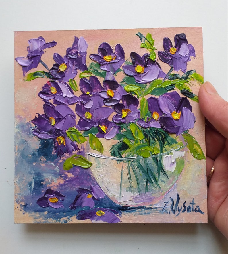 Pansy Painting Flowers Original Art Small Oil Painting Floral Still Life Impasto Artwork 6 by 6 by ZinaPainting image 3