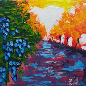 Vineyard Painting Original Art Small Landscape Acrylic Painting Canvas Vineyard Wall Art Abstract Impasto Artwork 6&quot; by 6&quot; by ZinaPainting