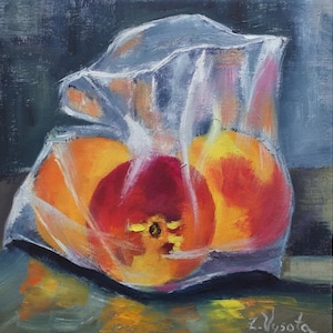 Peach Painting Fruit Original Art Food Oil Painting Canvas Peaches Still Life Kitchen Fruit Artwork Food Wall Art 8&quot; by 8&quot; by ZinaPainting