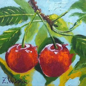 Cherry Painting Fruit Original Art Small Oil Painting Cherries Impasto Impressionism Gift Red Kitchen Artwork 6" by 6" by ZinaPainting