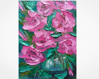 Roses Painting Flower Original Art Small Oil Painting Pink Roses Wall Art Impasto Artwork 7" by 5"by ZinaPainting