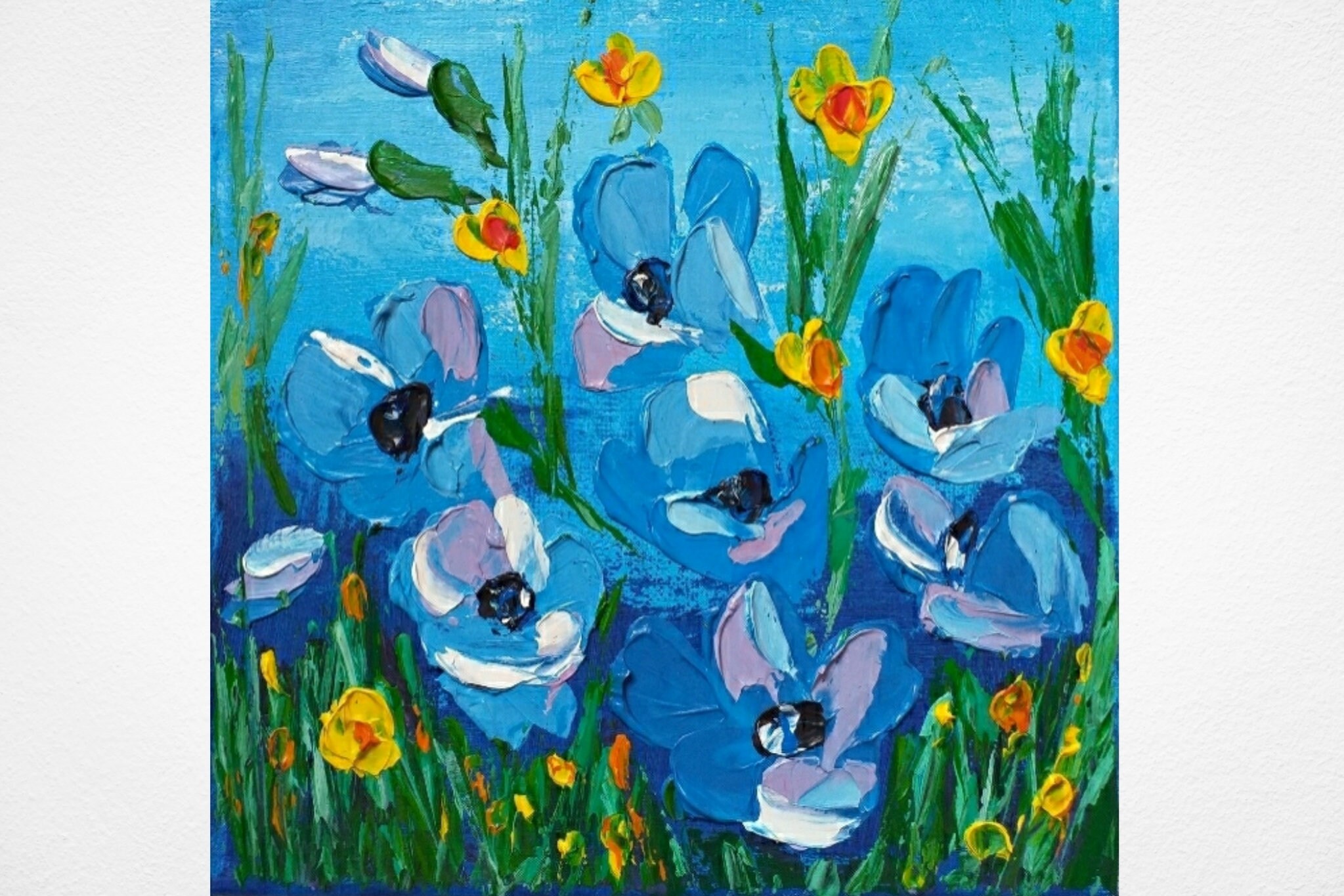 Blue Poppy Painting Flowers Original Art Floral Acrylic Painting Canvas Poppies Impasto Heavenly Wildflowers Artwork 8" by8" by ZinaPainting