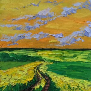 Wheat Field Painting Texas Original Art Small Landscape Oil Painting Sunset Impasto Artwork Travel Gifts impressionism 6&quot;by6&quot;by ZinaPainting