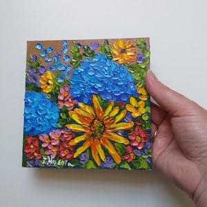 Sunflower Painting Hydrangea Original Art Small Impasto Daisy Oil ...